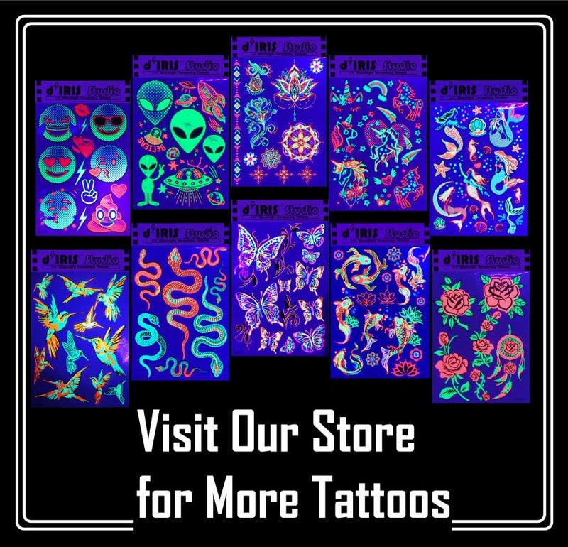 d'IRIS studio Temporary Tattoos for Glow Party UV Blacklight â€“ 1 Sheet Lotus Floral Body Paint Art Light Festival Accessories Glow in the Dark Makeup | 7.2â€ x 5.2â€ Temp Great for EDM EDC Party Rave Parties - Image 3